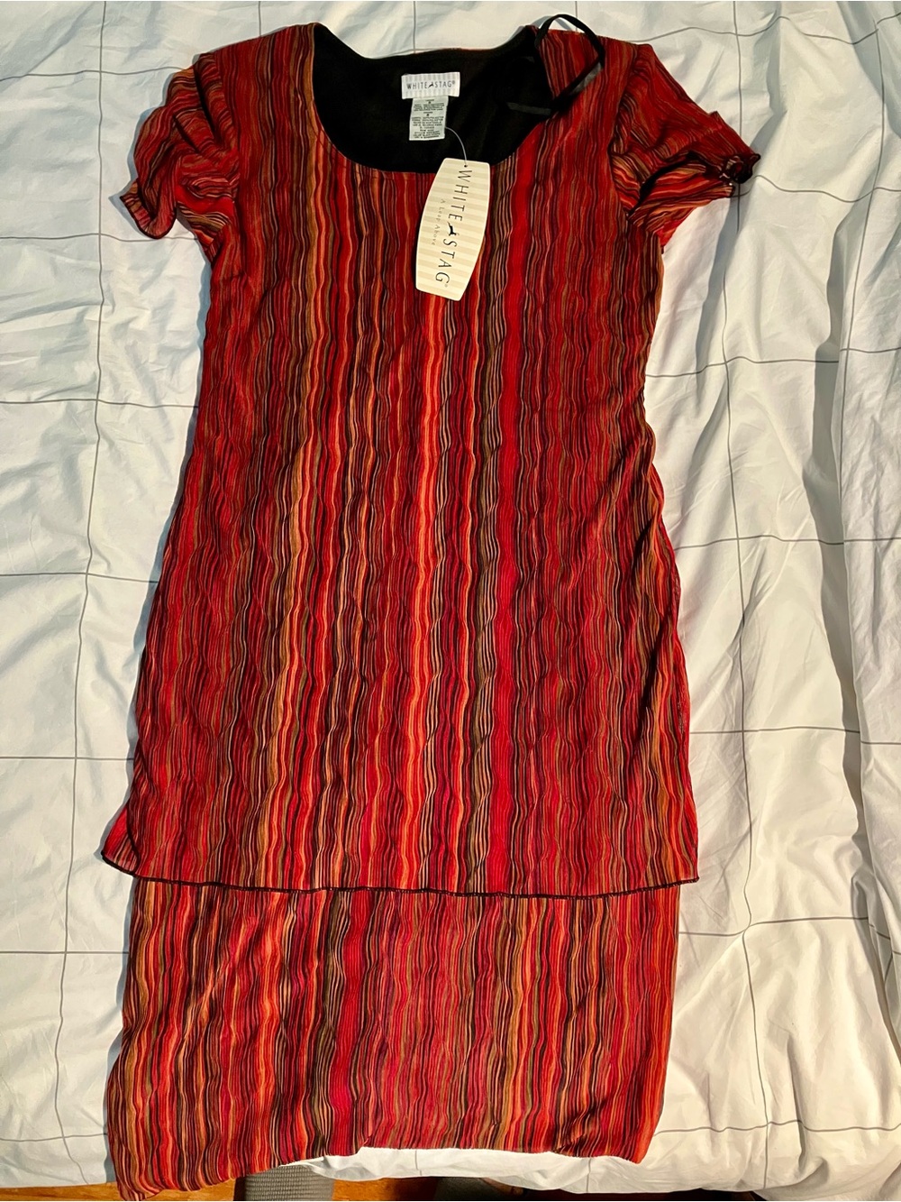 White Stag Black Dress with Red and Orange Stripe Trim